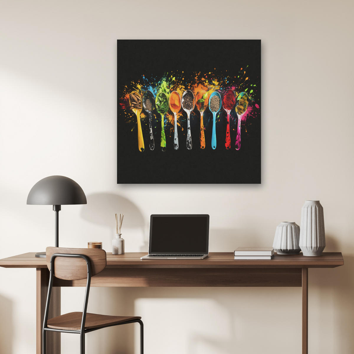 AKUSTIKBILD Löffel - Gewürze - Modern - Graffiti - Farbe - Farbenfroh Akustikpaneele 80x80 cm - Multicolor, Kunststoff (80/80/0.9cm) - MuchoWow