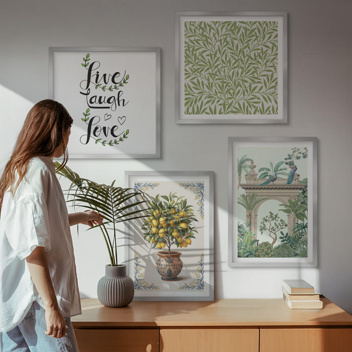 WANDBILDER 4er Set - 50x50 cm & 40x60 cm Silberner Rahmen - Grüne Blätter exotischer Pflanzen - Silberfarben, Kunststoff (50/50cm) - ArtPrintCave