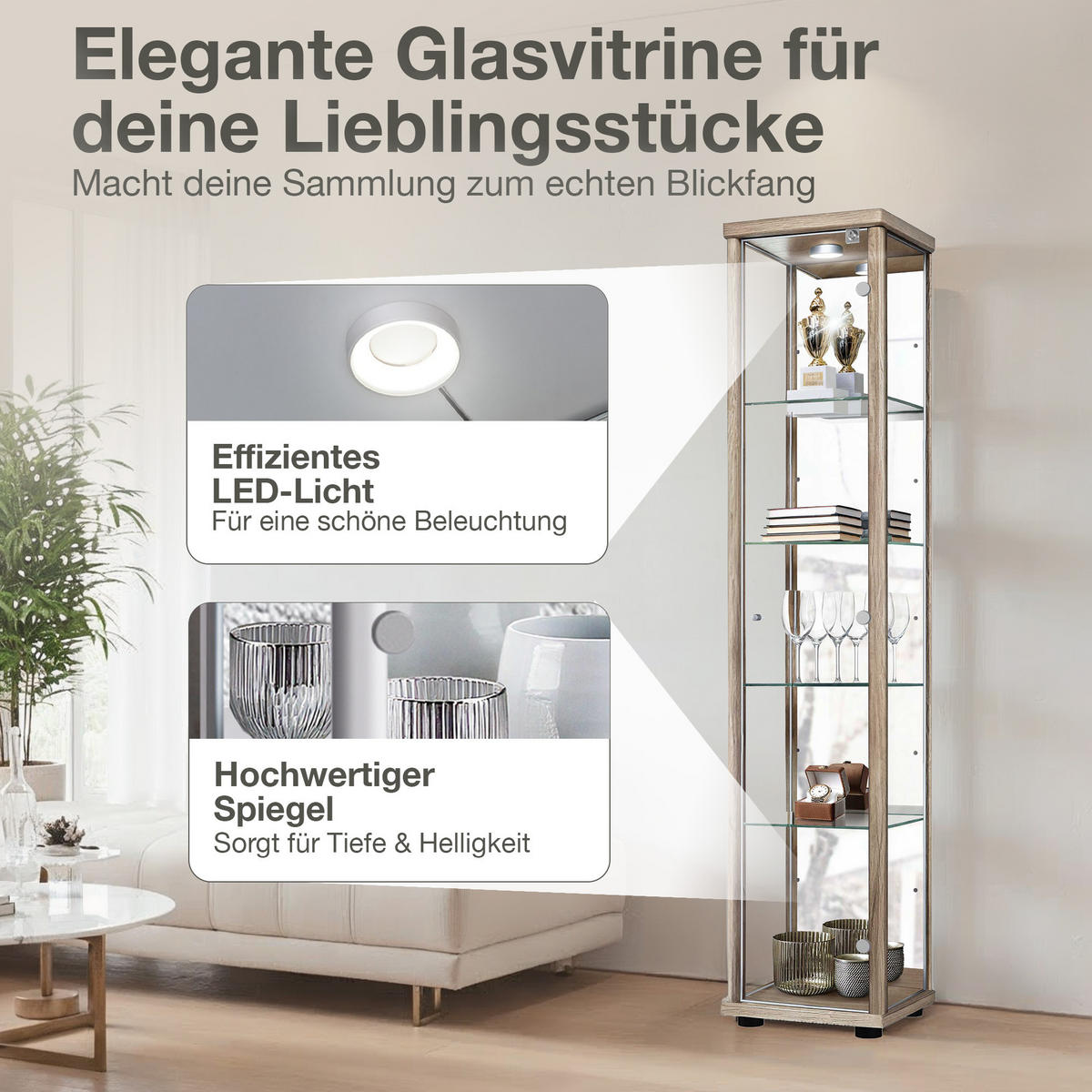 GLASVITRINE 33/37/176 cm mit Spiegel, LED, Schloss & 4 höhenverstellbaren Glasböden - Transparent/Silberfarben, Glas/Holzwerkstoff (37/176/33cm) - K-Möbel