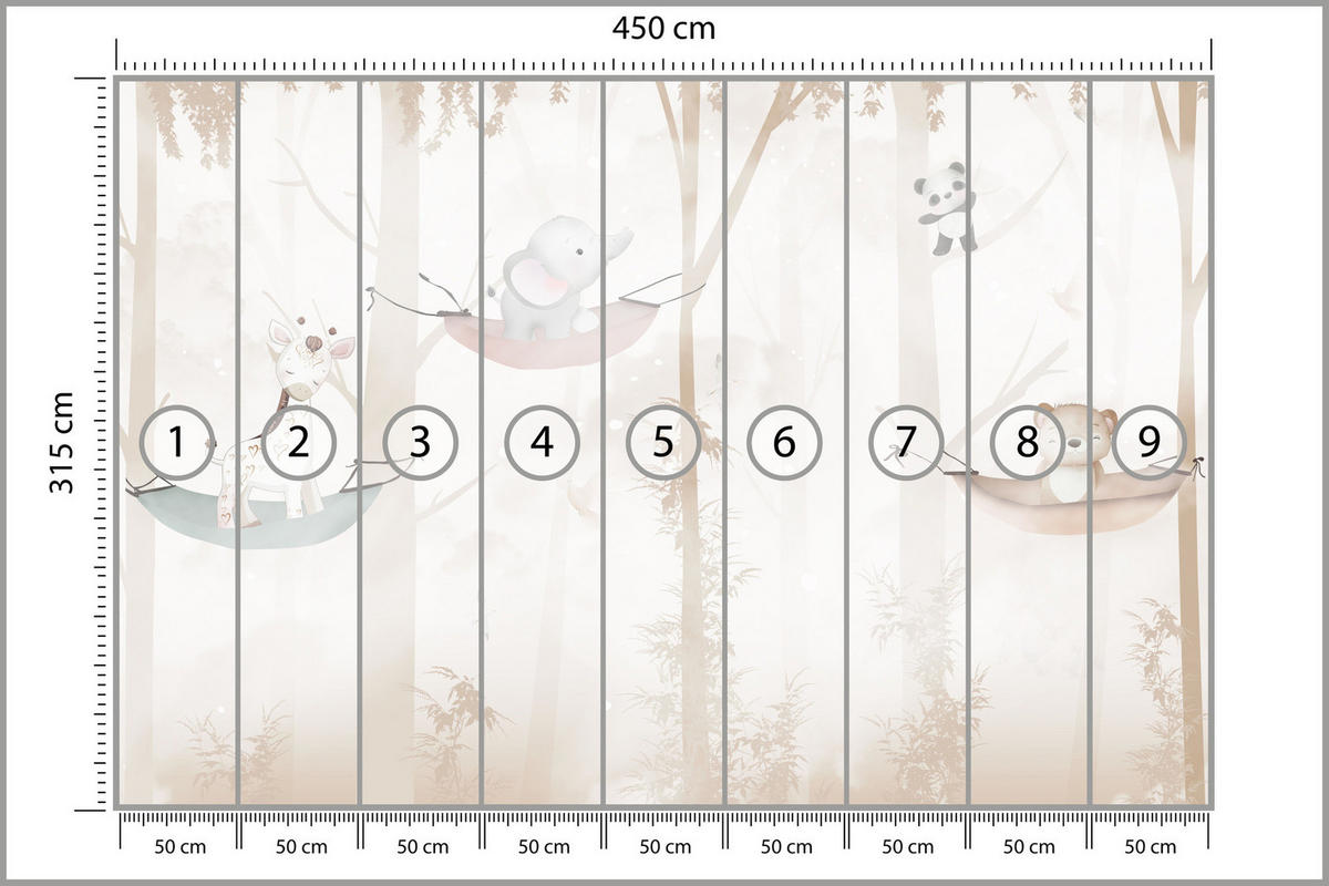 FOTOTAPETE für Kinderzimmer Tiere Hängematten WALD Elefant Giraffe 450x315 - Beige/Schwarz, Papier (450/315cm) - Muralo