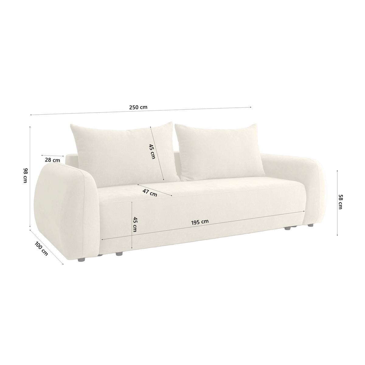SOFA MUNDUK mit Schlaffunktion, Cremeweiß - Weiß, Textil (250/98/100cm) - Fedve