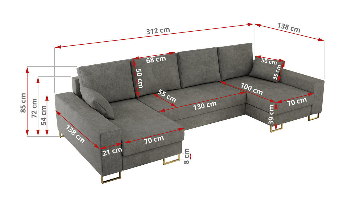 WOHNLANDSCHAFT DORIAN U Struktur Grau - Goldfarben/Grau, Textil/Metall (312/85/138cm) - MKS