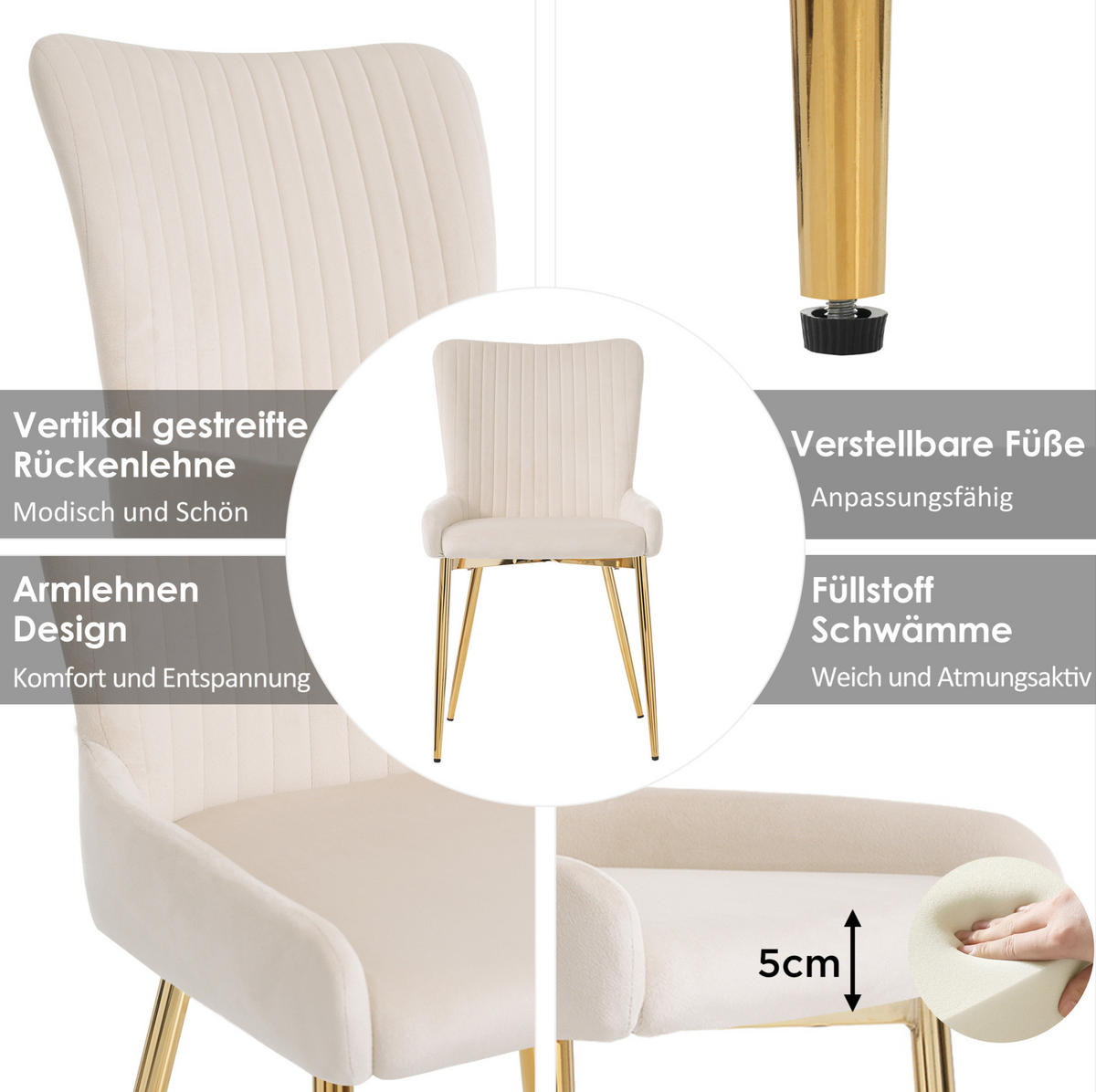 ESSZIMMERSTUHL 4er-Set Samt Beige mit goldfarbenen Metallbeinen - Beige, Metall (47/85/58.1cm) - Meubliv