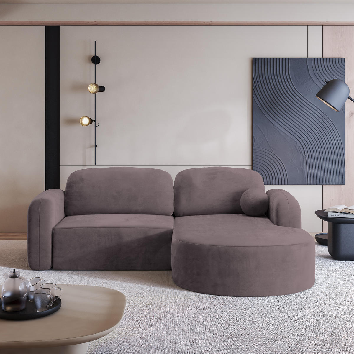 ECKSOFA AMILIA M R-S Lila Velours-Stoff mit Schlaffunktion - Lila, Holz (263/174cm) - MASSENO