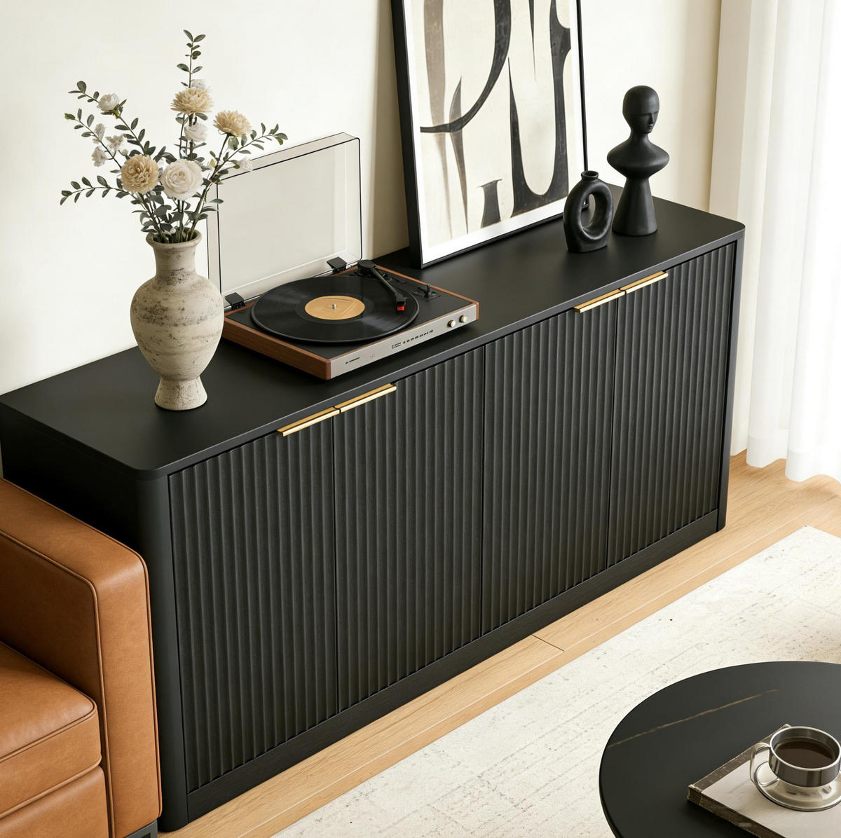 SIDEBOARD aus MDF 150x40x70,5 cm Schwarz mit 4 Türen und wellenförmiger Front - Schwarz, Holzwerkstoff (150/70.5/40cm) - Modfu