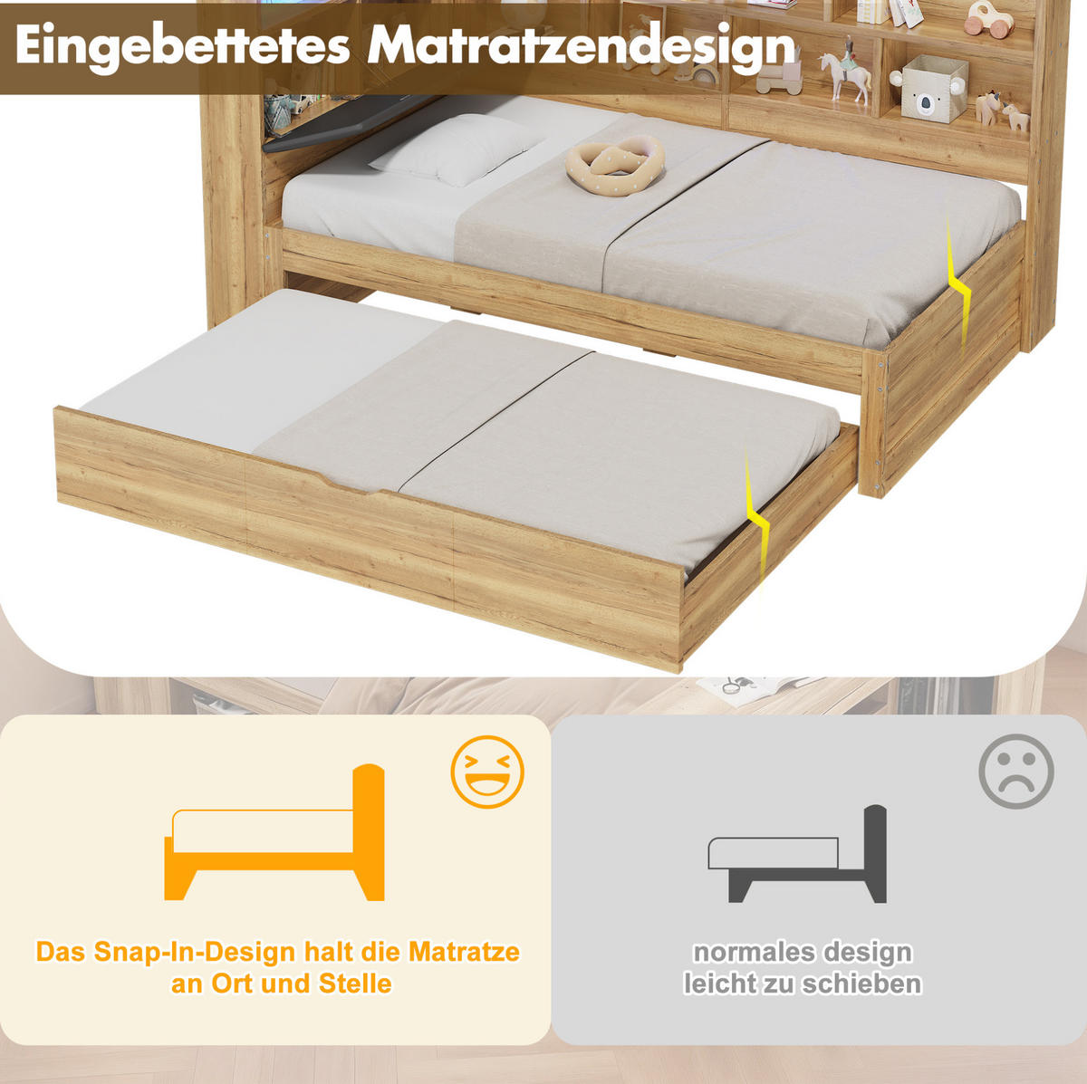 KINDERBETT 90/200 cm aus MDF mit Ausziehbett 90/190 cm, LED und USB - Naturfarben, Holzwerkstoff (90/200cm) - BEAOK