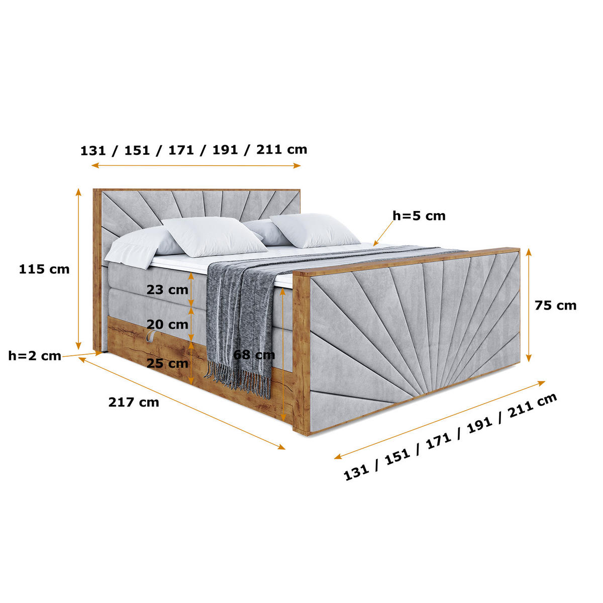 BOXSPRINGBETT mit Matratze H3|H4 und Lattenrost - LOLLI6-Z KING-160x200 - Grau Monolith - Grau, Holzwerkstoff (160/200cm) - ALTDECOR