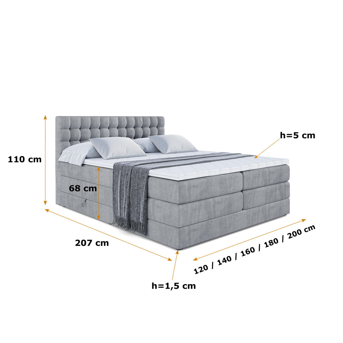 BOXSPRINGBETT VIONE KING - 120 x 200 - H3/H4 - Grau - Grau, Holzwerkstoff (120/200cm) - ALTDECOR