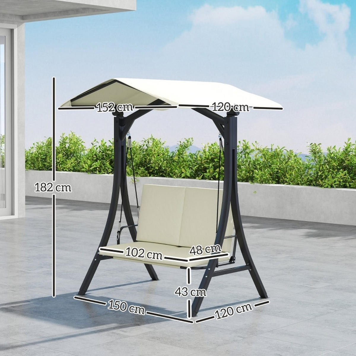 HOLLYWOODSCHAUKEL 150/120/182 cm mit verstellbarem Sonnendach, gepolsterter 2-Sitzer und UV-Schutz, Cremeweiß - Beige, Textil (120/182/150cm) - Redom