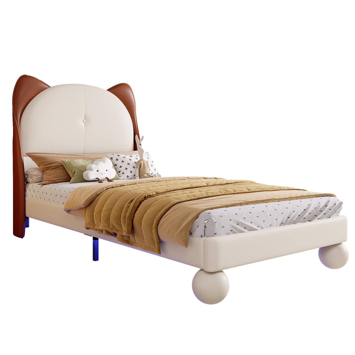 POLSTERBETT 90/200 cm Beige und Gelbbraun mit Katzenohren-Kopfteil und LED-Beleuchtung - Beige, Kunststoff (90/200cm) - OKWISH