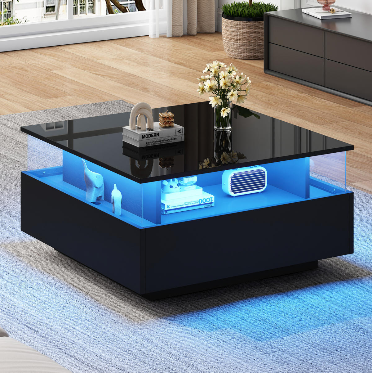 COUCHTISCH mit LED 70x70 cm Schwarz mit 2 Schubladen - Schwarz, Holzwerkstoff (70/70/41cm) - Meubliv