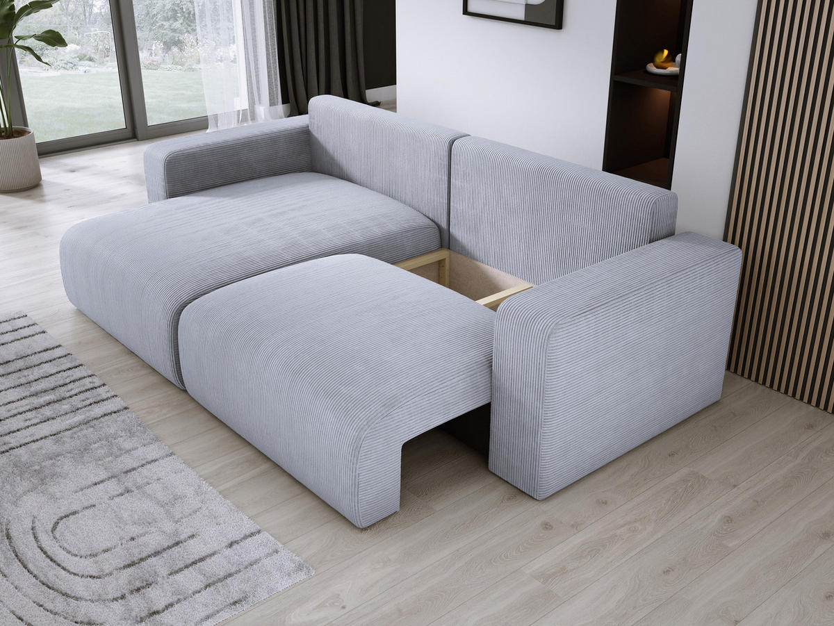 ECKSOFA Carl L-förmig Schlaffunktion und Bettkasten weicher Cordstoff flexibel stellbar lose Rückenkissen freistehend LINKS 143x247x83cm Silver - Silberfarben, Holz/Textil (143/247cm) - DomoHome