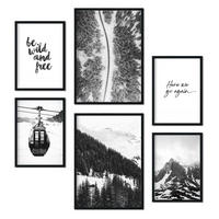 POSTER Set Mit 6 Schwarzweiß Berg Wandbild A3 & A4 Schwarzer Rahmen - Schwarz, Papier (29/3cm) - Nacnic