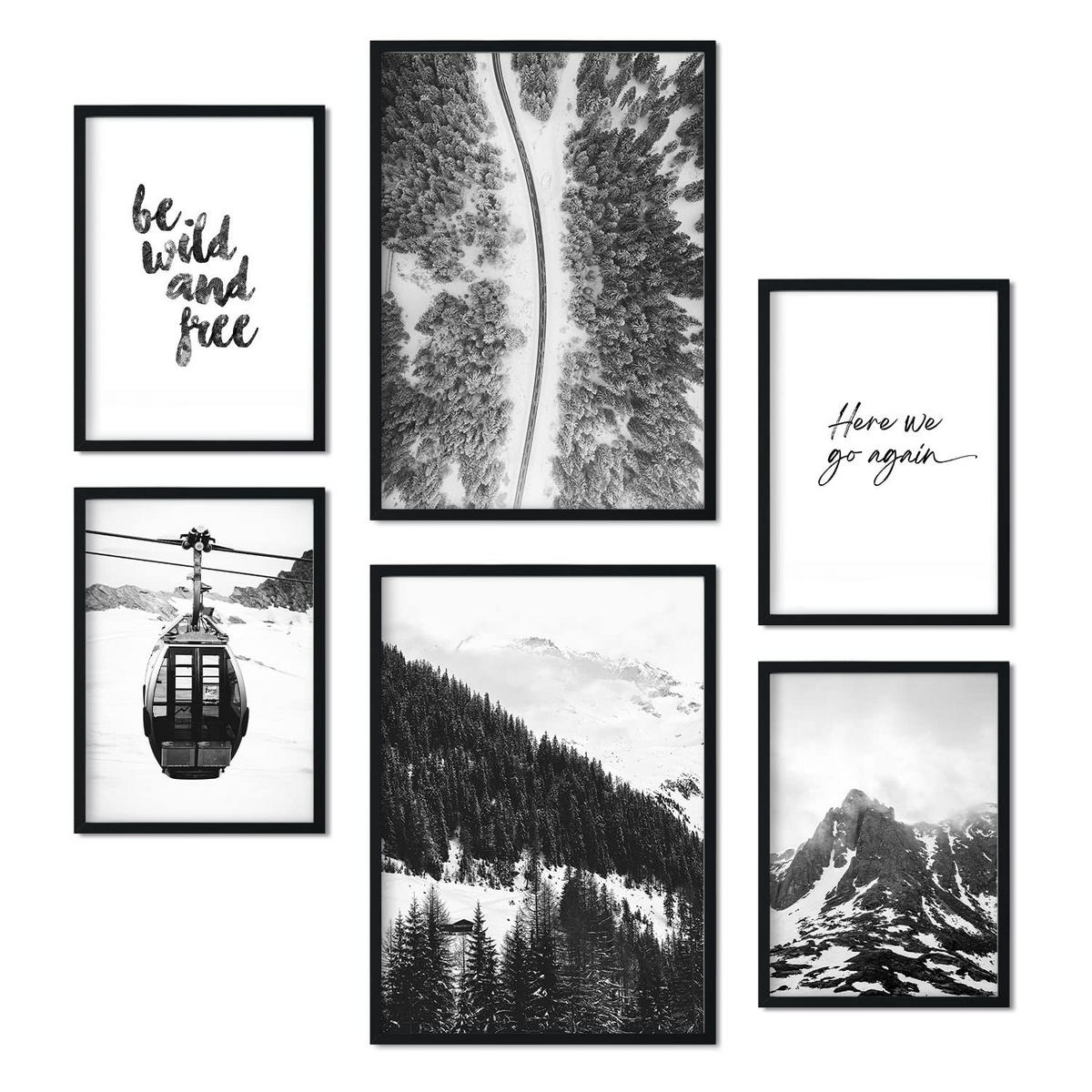 POSTER Set Mit 6 Schwarzweiß Berg Wandbild A3 & A4 Schwarzer Rahmen - Schwarz, Papier (29/3cm) - Nacnic
