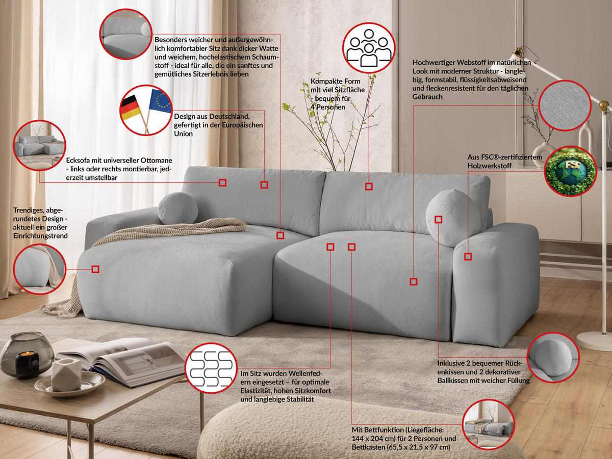 ECKSOFA Puffy mit Schlaffunktion und Bettkasten - besonders weich und puffig aus Grau Webstoff - Ottomane links - Schwarz/Grau, Holz/Kunststoff (138/266cm) - S-Style Möbel
