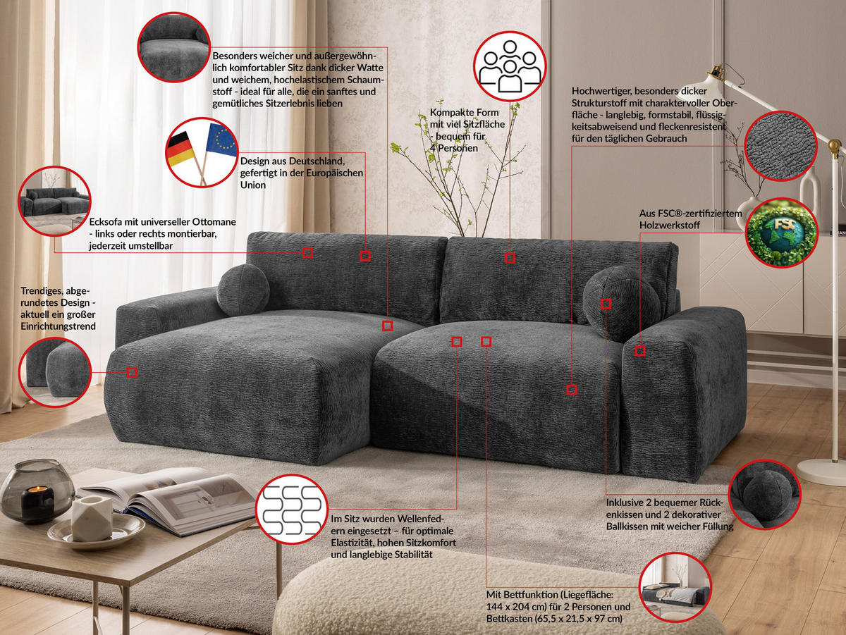 ECKSOFA Puffy mit Schlaffunktion und Bettkasten - besonders weich und puffig aus Dunkelgrau Stoff mit Chenillestruktur - Ottomane links - Dunkelgrau/Schwarz, Holz/Kunststoff (138/266cm) - S-Style Möbel