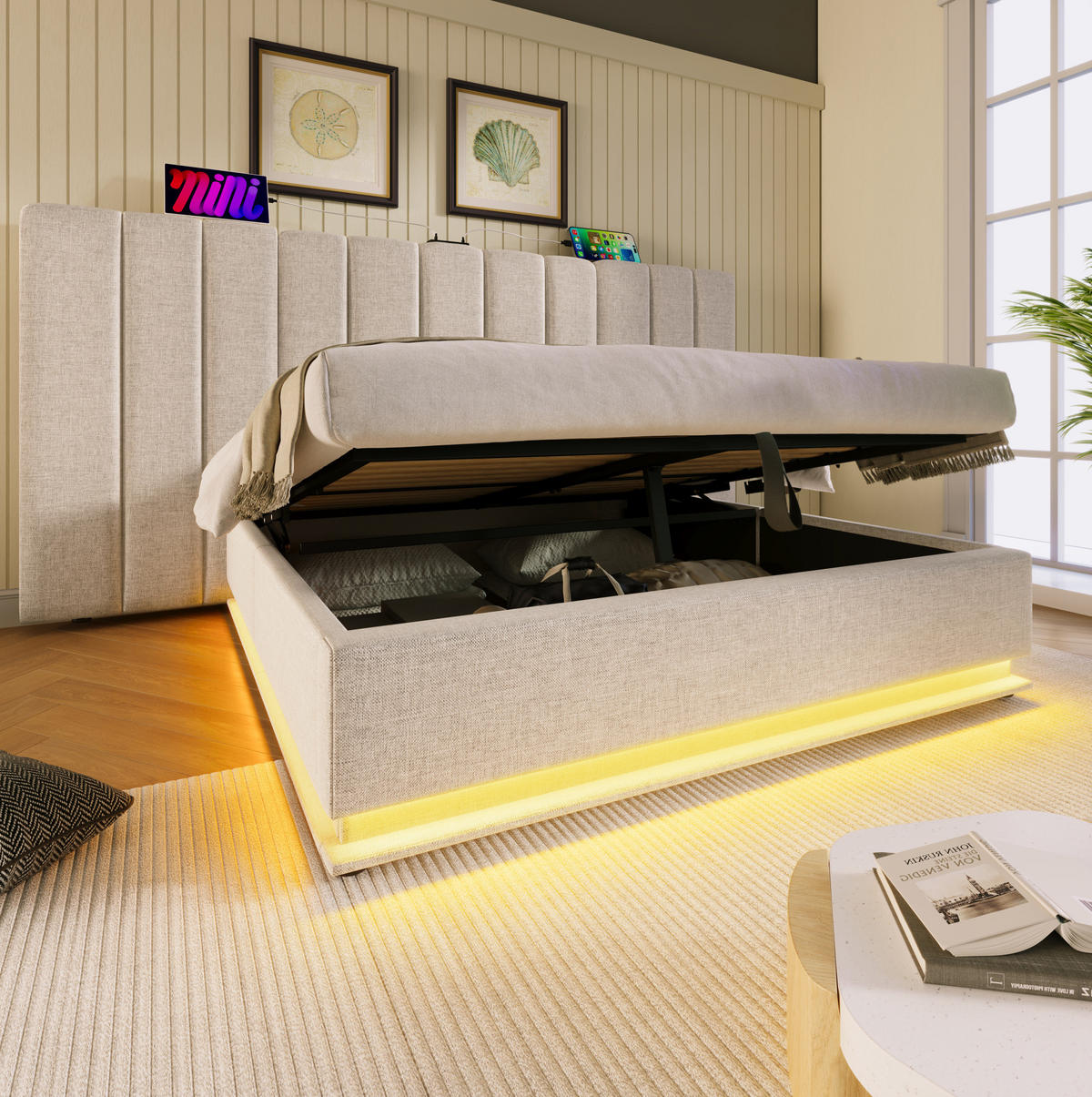 POLSTERBETT 180/200 cm mit Bettkasten, LED und gepolstertem Kopfteil - Beige, Textil (180/200cm) - BEAOK