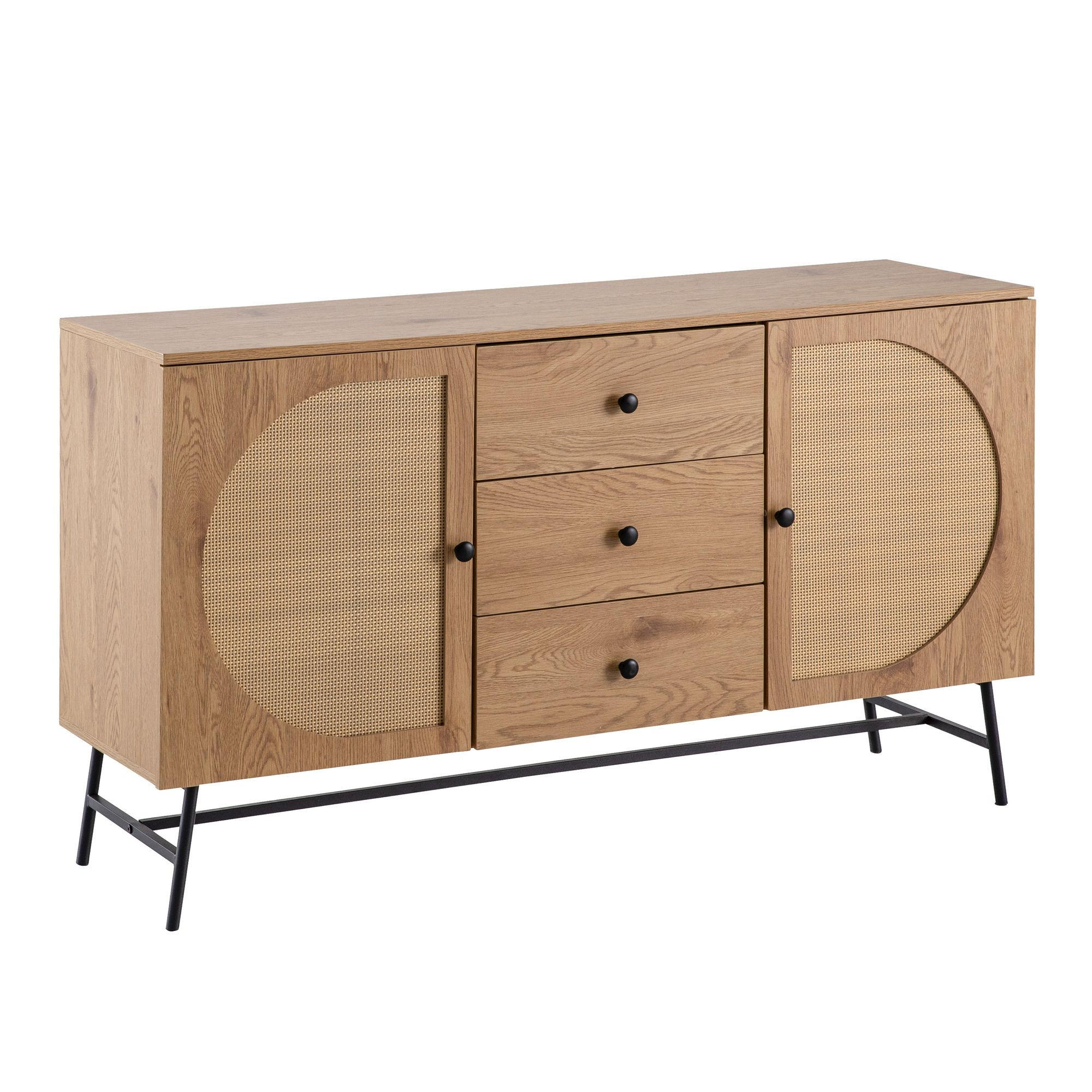 SIDEBOARD – Eiche-Dekor/Rattan, 140x80x40 cm, 2 Türen, 3 Schubladen, hoch - Schwarz/Braun, Holzwerkstoff/Metall (140/80/40cm) - KADIMA DESIGN