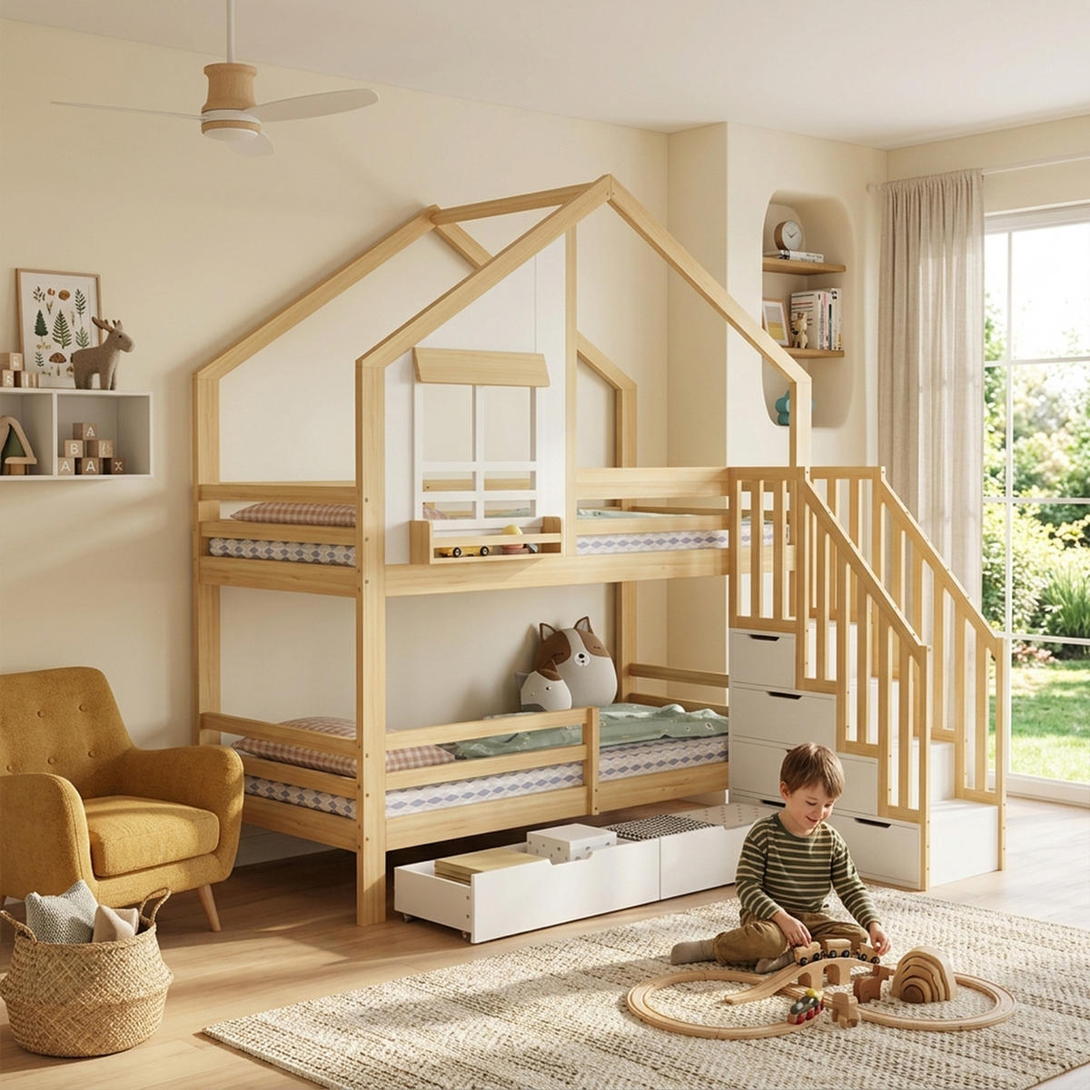 ETAGENBETT 90/200 cm Weiß + Natur - Naturfarben/Weiß, Holz
