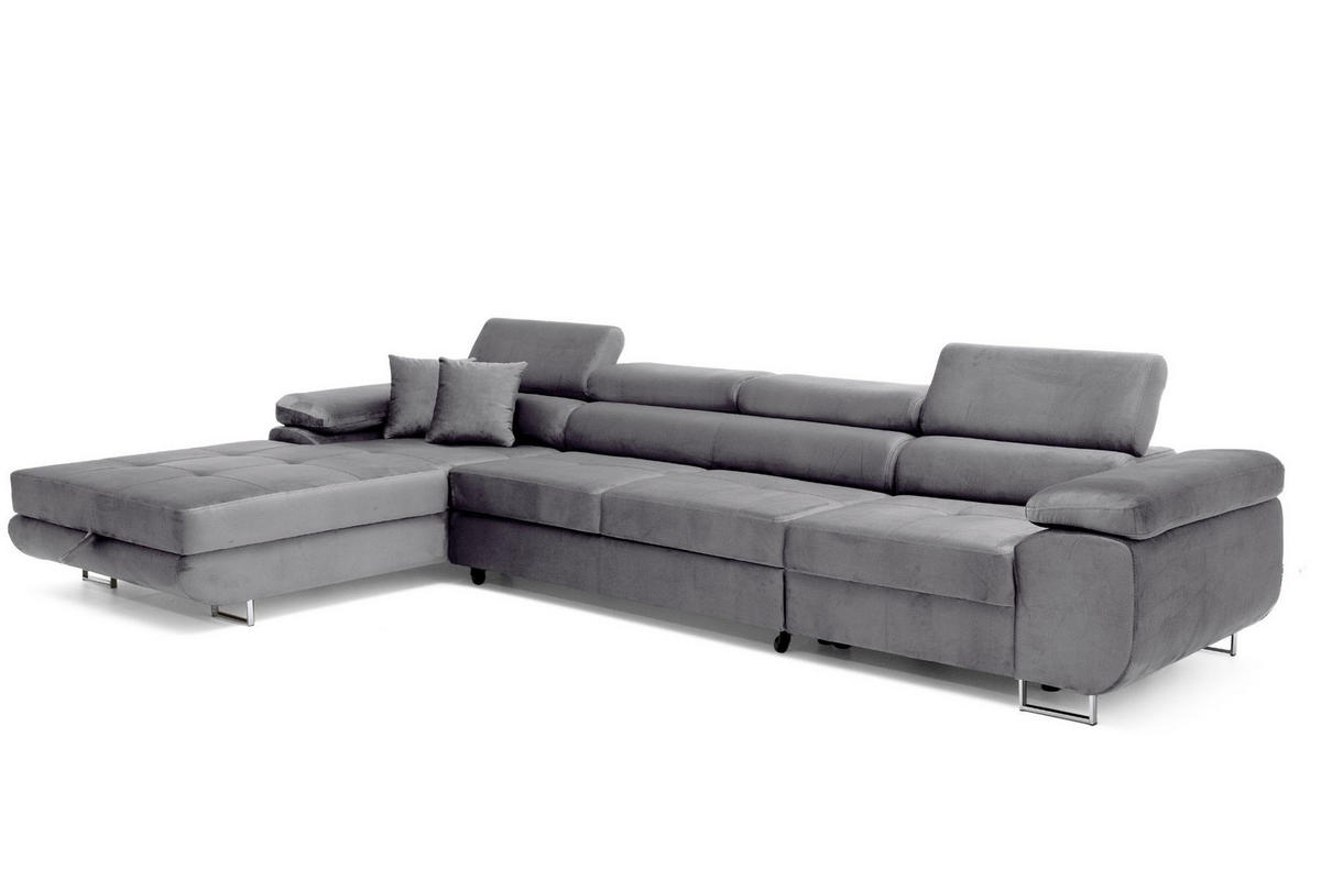 ECKSOFA ALONZO MAXI Links mit Schlaffunktion 125x195 Velours Grau - Silberfarben/Grau, Holz/Textil (350/203cm) - Muffo