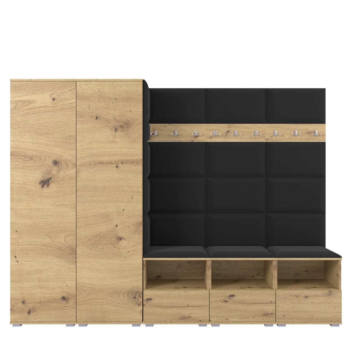 GARDEROBE NELA VII 250 cm (Modulare Flurmöbel XL Artisan Eiche mit Sitzpolster Schwarz 16 2 Schränke) - Silberfarben/Schwarz, Holz/Holzwerkstoff (250/187/40cm) - Ravio