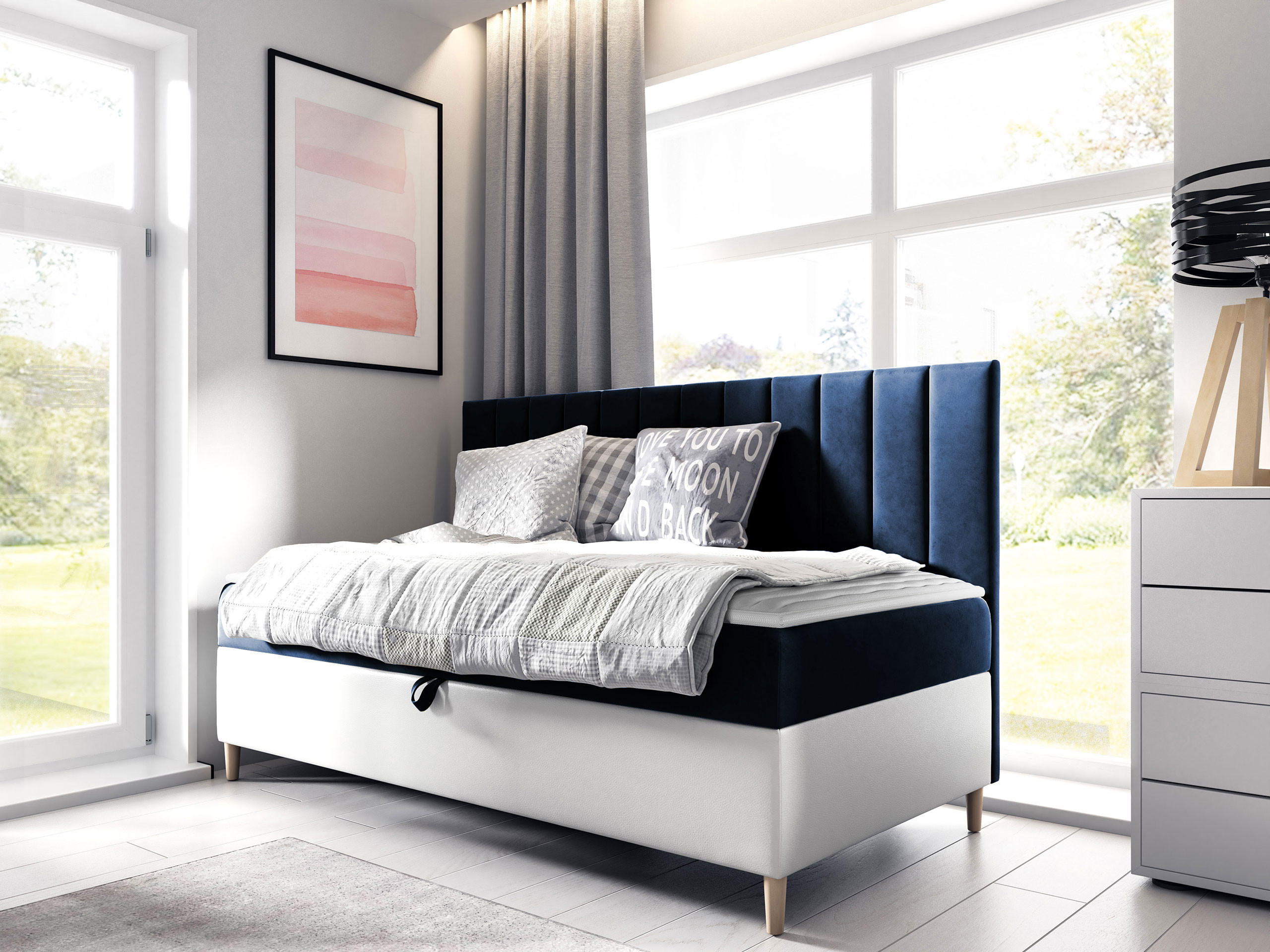 Thumbnail - Mirjan24 Boxbett, Weiß, Blau, Holz, 90x200 cm, Schlafzimmer, Betten, Boxspringbetten