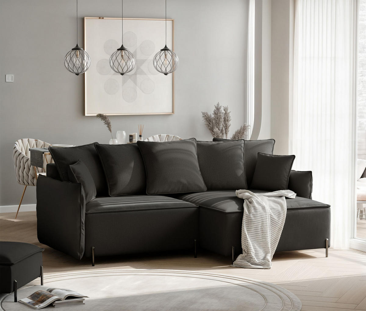 ECKSOFA MARCO Rechts, mit Schlaffunktion und Bettkasten, Anthrazit - Anthrazit, Textil/Metall (221/148cm) - Idohome