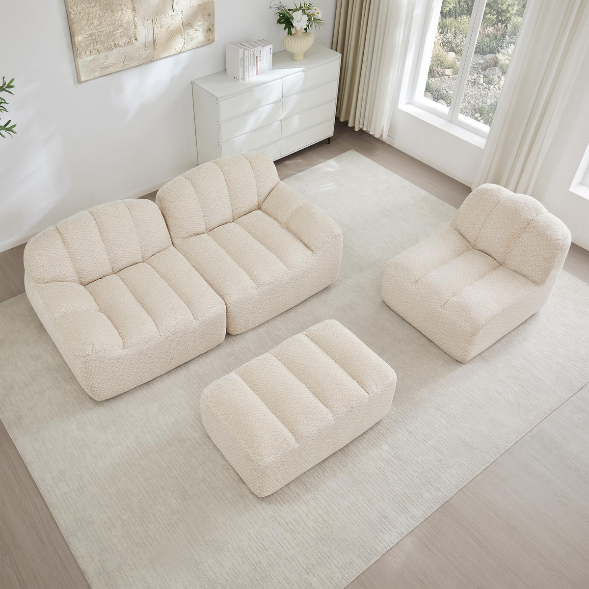 ECKSOFA 288/165/79 cm Cremefarben Granulatvlies mit 1 Fußhocker - Beige, Textil (288/165cm) - Oxeza