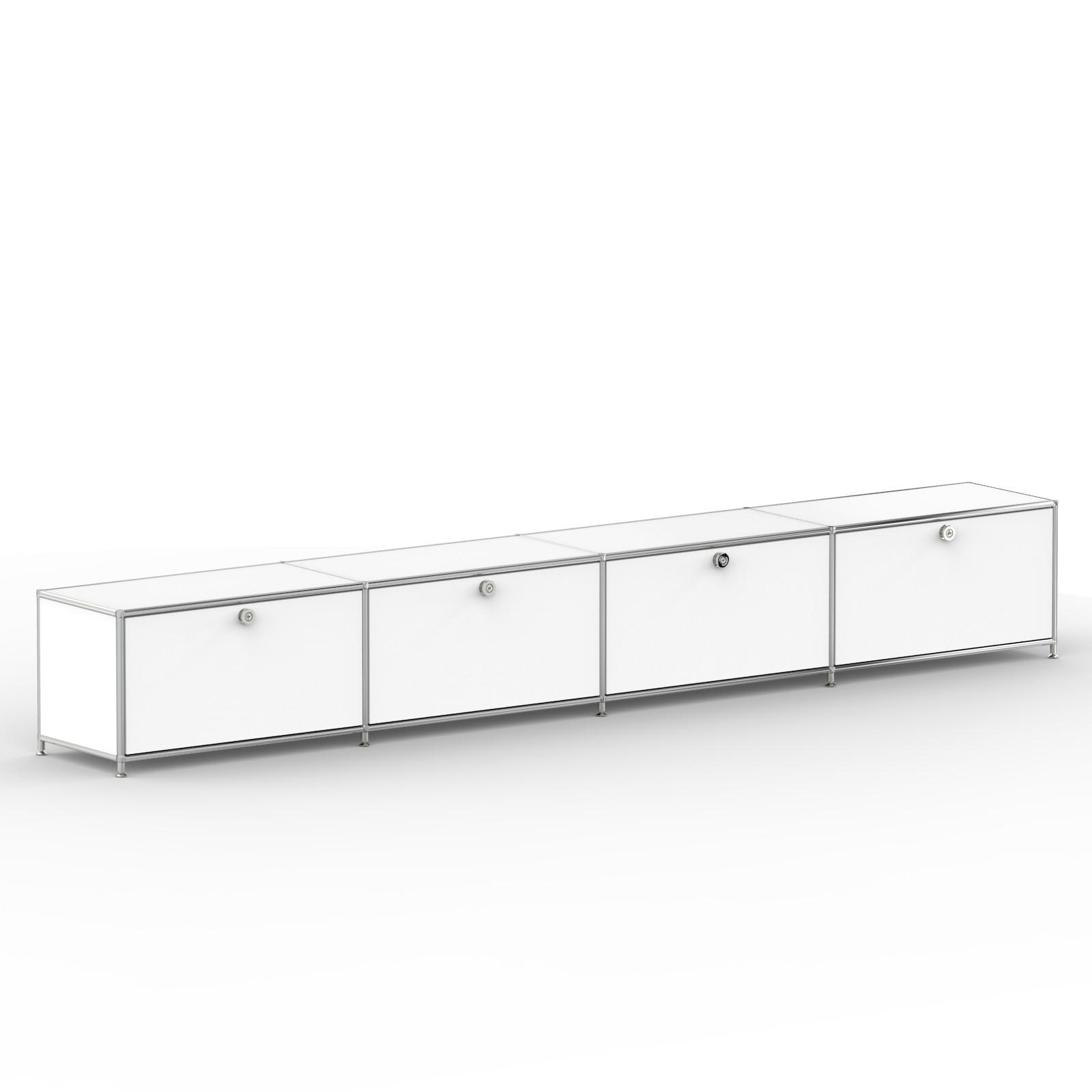 TV Board mit 4 Klappen & Schloss, Breite 302 cm, Signalweiß - Chromfarben/Silberfarben, Metall (40/43/302.2cm) - Versee