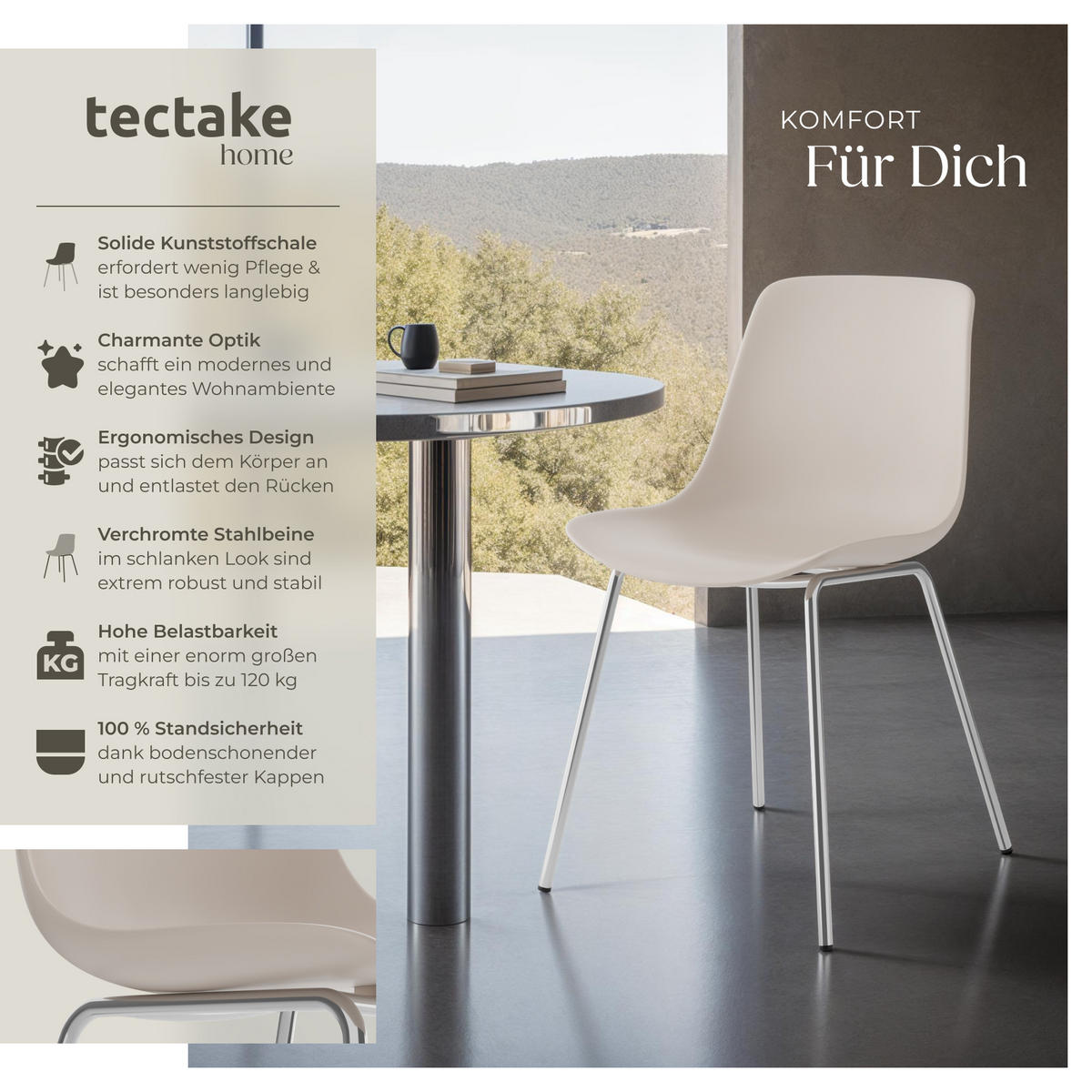 KUNSTSTOFFSTUHL 6er Set Mave 46 x 55 x 80 5 cm taupe/chrom - Taupe, Textil (46/80.5/55cm) - tectake