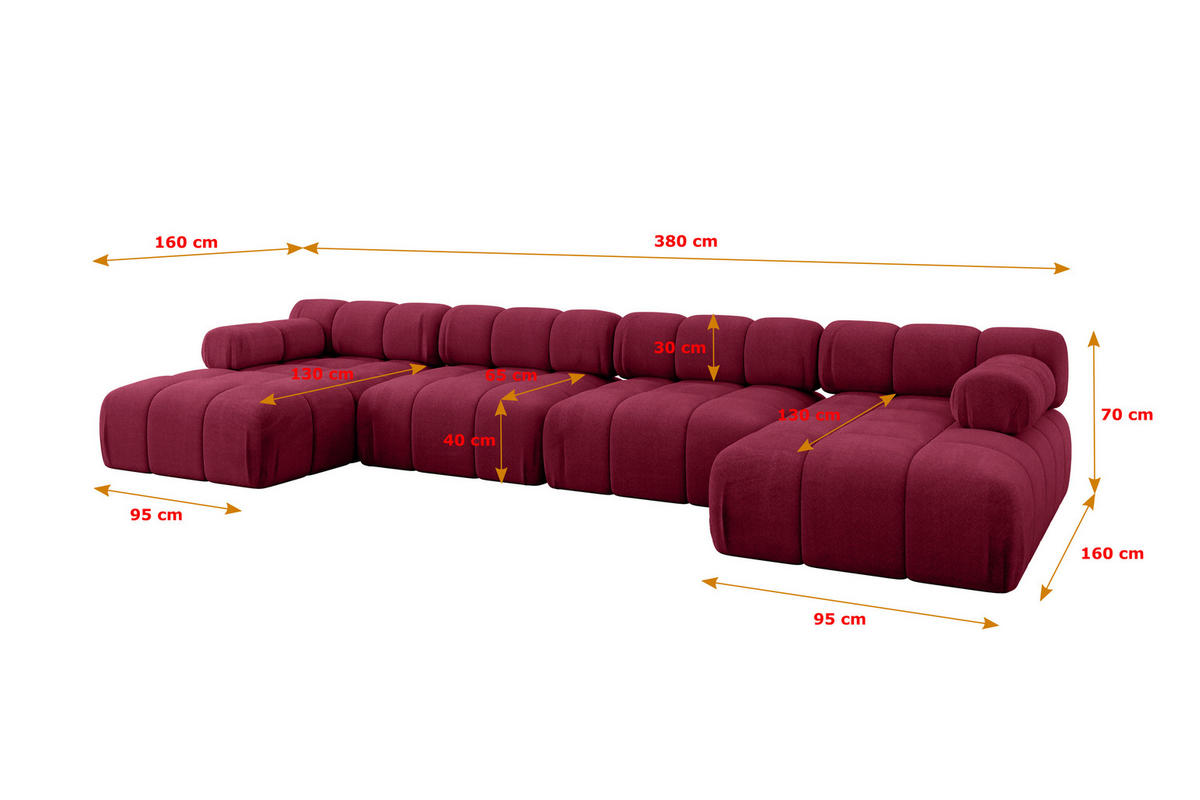 WOHNLANDSCHAFT modulares Sofa Tesso-U2 - 380x160x70 cm Bordeauxrot Velours - Bordeaux, Holzwerkstoff/Textil (380/70/160cm) - ALTDECOR