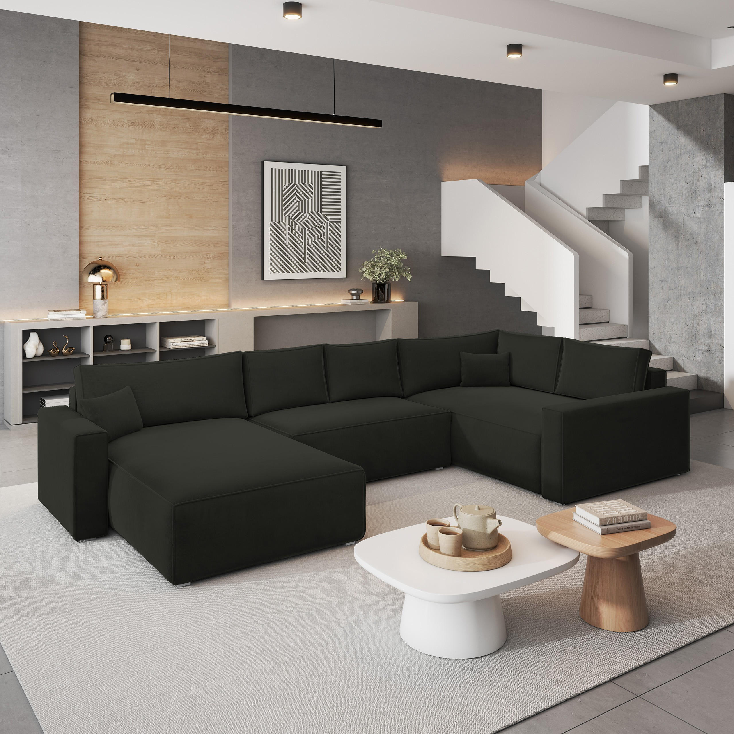 WOHNLANDSCHAFT VELAMI R-S Schwarz Velours-Stoff mit Schlaffunktion - Schwarz, Holz (365/83/194cm) - MASSENO