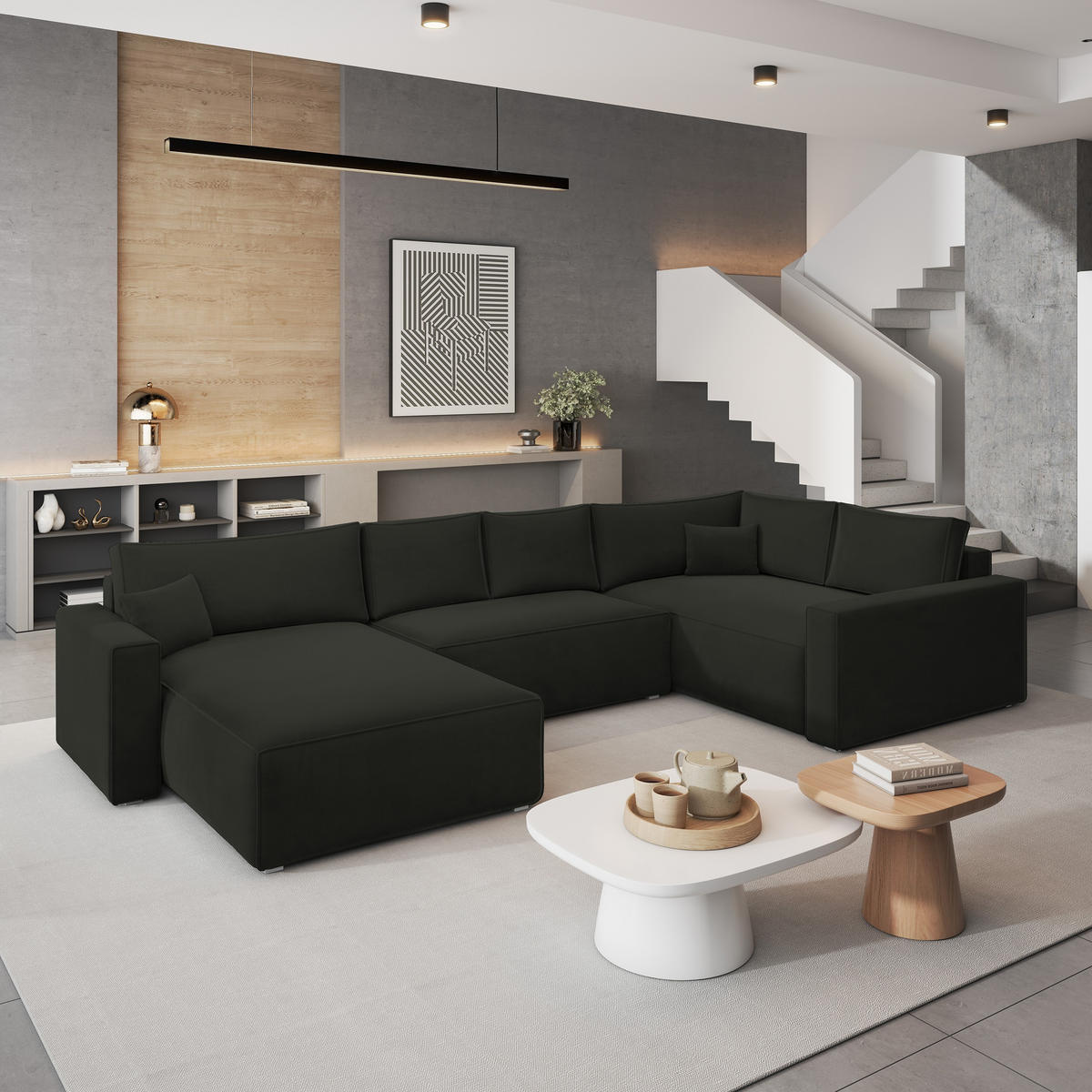 WOHNLANDSCHAFT VELAMI R-S Schwarz Velours-Stoff mit Schlaffunktion - Schwarz, Holz (365/83/194cm) - MASSENO