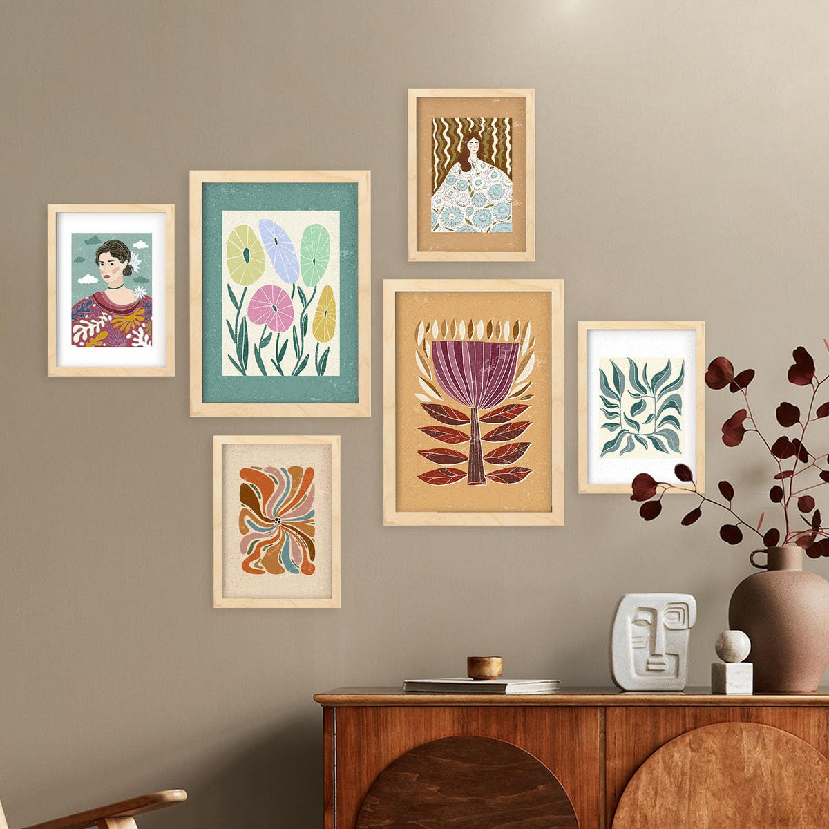POSTER Set Mit 6 Drucken Von Blumen In Der Sammlung Ethnischere Ästhetische Dekorative Für Zuhause Wandkunstdruck A3 & A4 Rahmen Aus Hellem Holz - Beige, Papier (29/3cm) - Nacnic