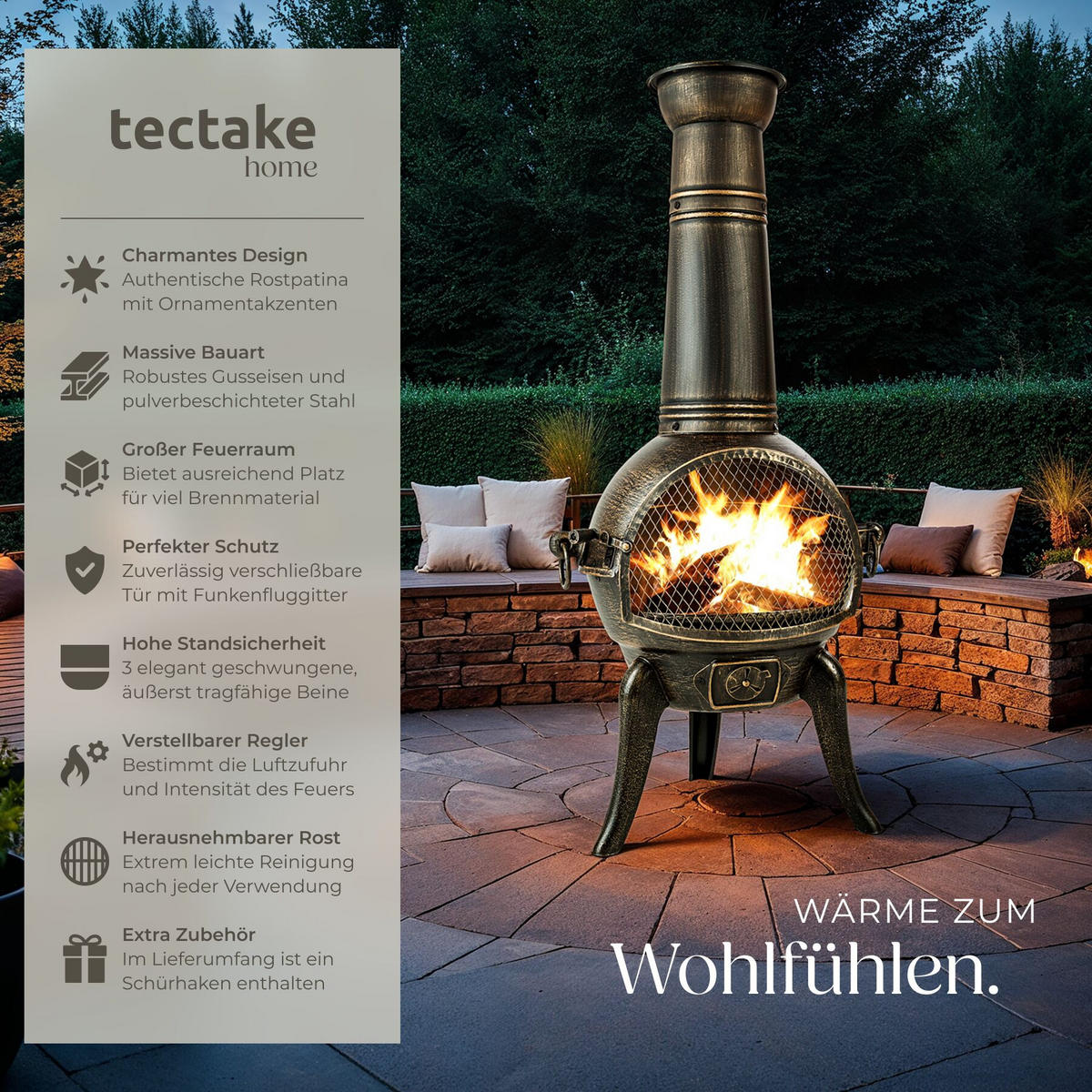 TERRASSENOFEN ,inklusive Schürhaken,grau - Grau, Metall (52/115/44cm) - tectake