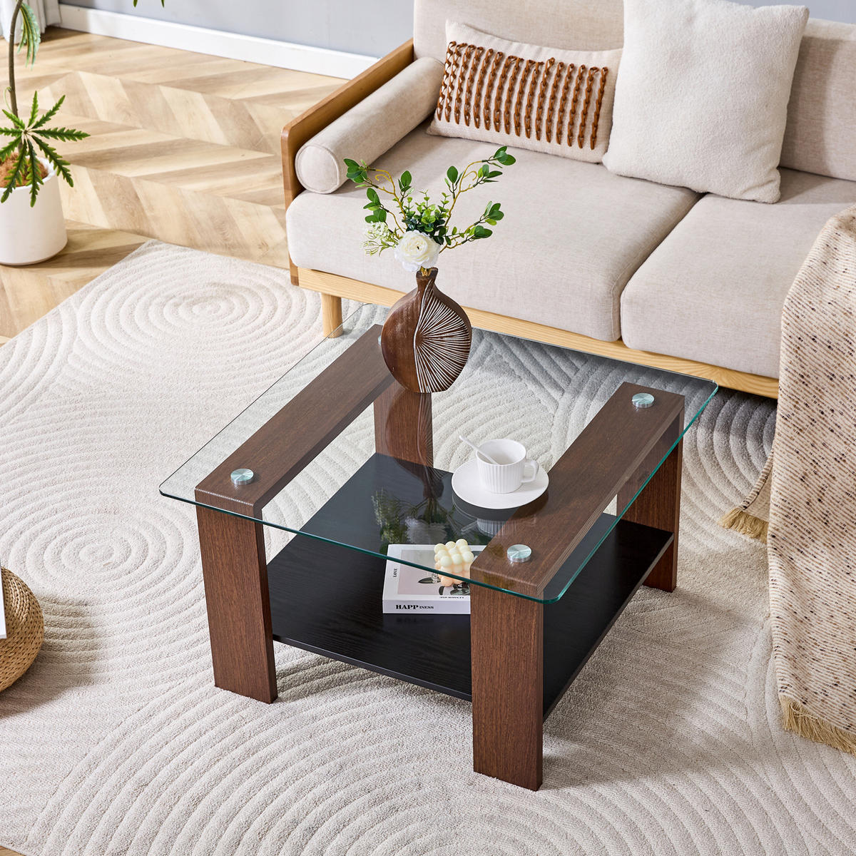 COUCHTISCH 75/75/45,5 cm walnussfarben aus MDF und Glas mit Ablage - Walnussfarben, Holzwerkstoff (75/75/45.5cm) - OKWISH
