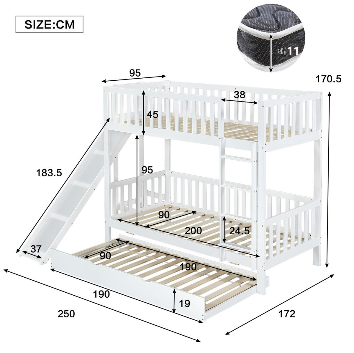 ETAGENBETT 90/200 cm mit Rollbett 90/190 cm, Rutsche, Regalen und 4-stufiger Leiter aus Kiefer/MDF, Weiß - Weiß, Holzwerkstoff (90/200cm) - Redom