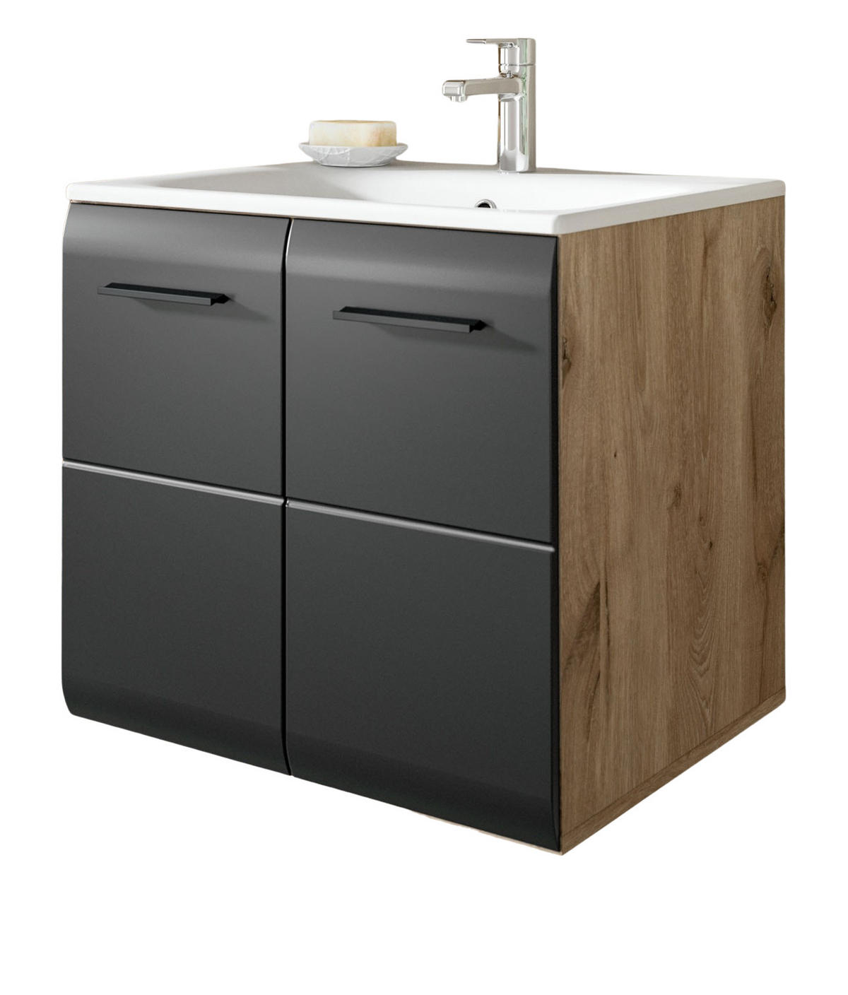 WASCHTISCH schwarz matt, Eiche Nox, Waschtischunterschrank hängend 60 cm mit Waschbecken - Eichefarben/Schwarz, Keramik/Holzwerkstoff (60/55/46cm) - Inn.Furn