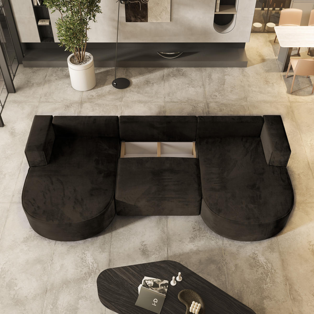 WOHNLANDSCHAFT VEZZO M Braun Velours-Stoff mit Schlaffunktion - Braun, Holz (347/85/174cm) - MASSENO