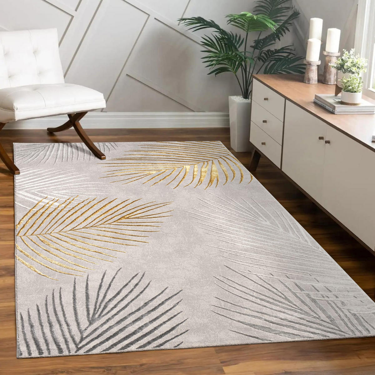 TEPPICH Kurzflor Blätter Wohnzimmer schmutzabweisend Gold Rechteckig 120x160 - Goldfarben, Textil (120/160cm) - KADIMA DESIGN