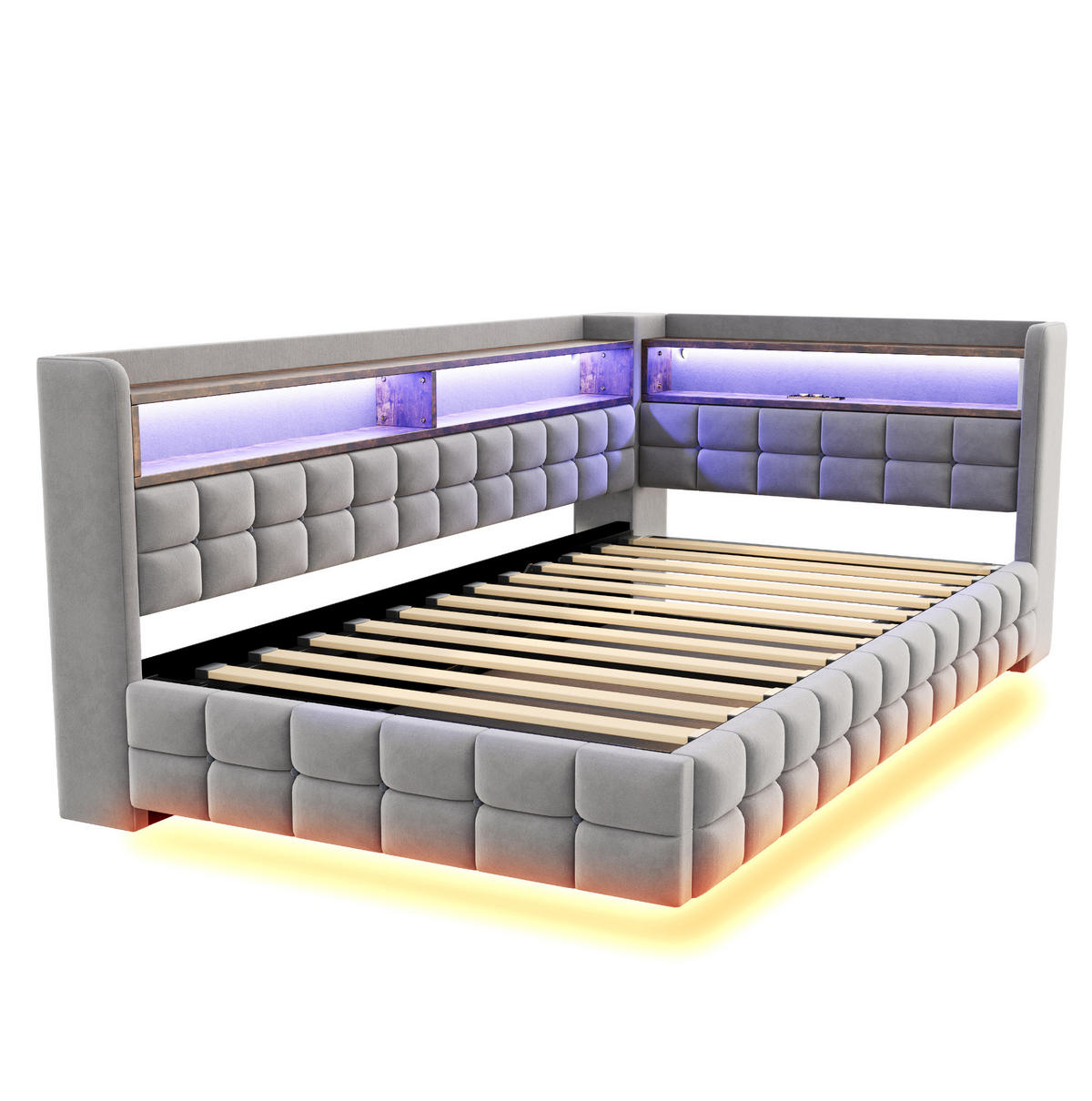 ČALOUNĚNÁ postel 90/200 cm s hydraulickým úložným prostorem, LED osvětlením, USB, Type-C a policemi, Světle šedá - světle šedá, textil (90/200cm) - Redom