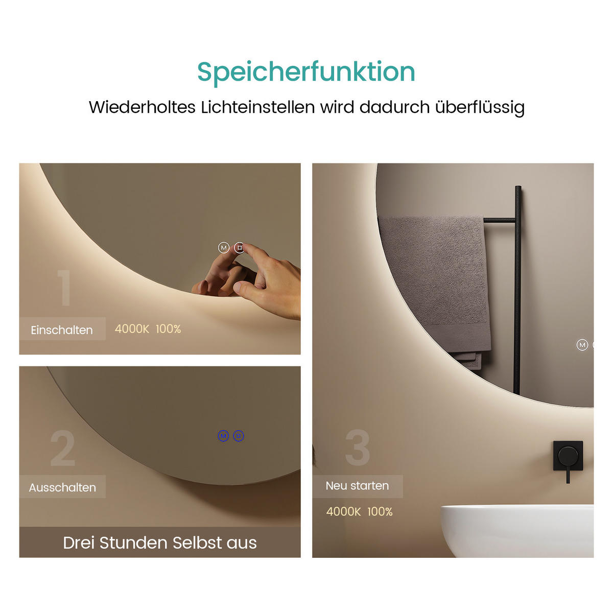 BADSPIEGEL rund mit Beleuchtung rahmenlos Ø80 cm - Weiß, Glas (80/2/80cm) - EMKE