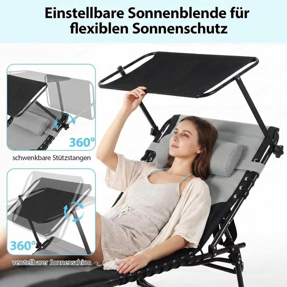 LIEGESTUHL klappbar 360° Sonnendach 5-fach Rückenlehne Seitentasche - Schwarz, Metall (66/35/199cm) - Kaket