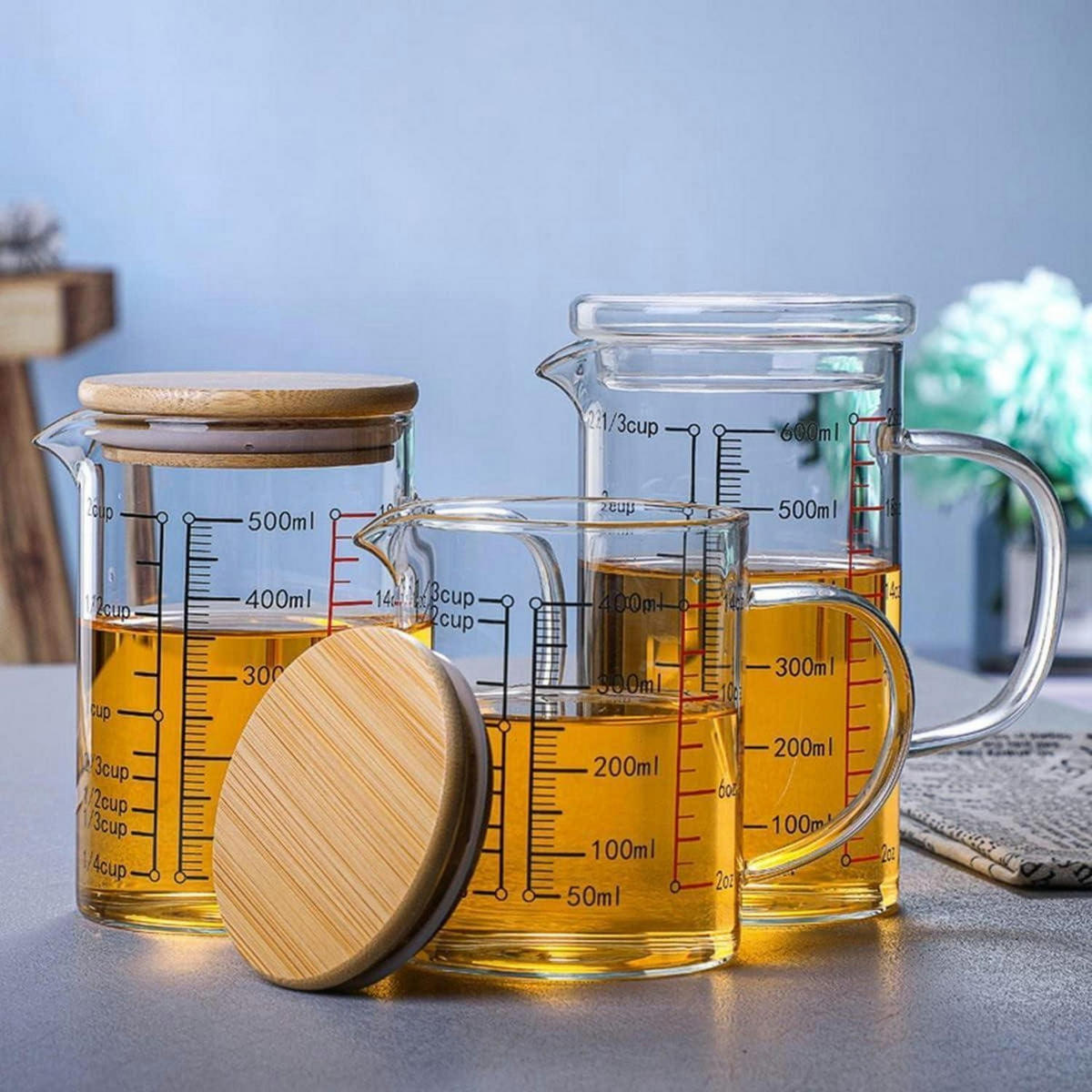 MESSBECHER Glas 1000 ml mit Bambusdeckel - Transparent, Glas (1L)