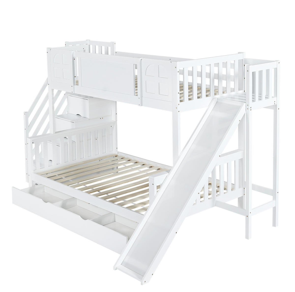 ETAGENBETT 90/200 & 120/200 cm in Weiß mit Rutsche, Stauraumtreppe und Fenstern - Weiß, Holzwerkstoff (90/200cm) - Flora Grace