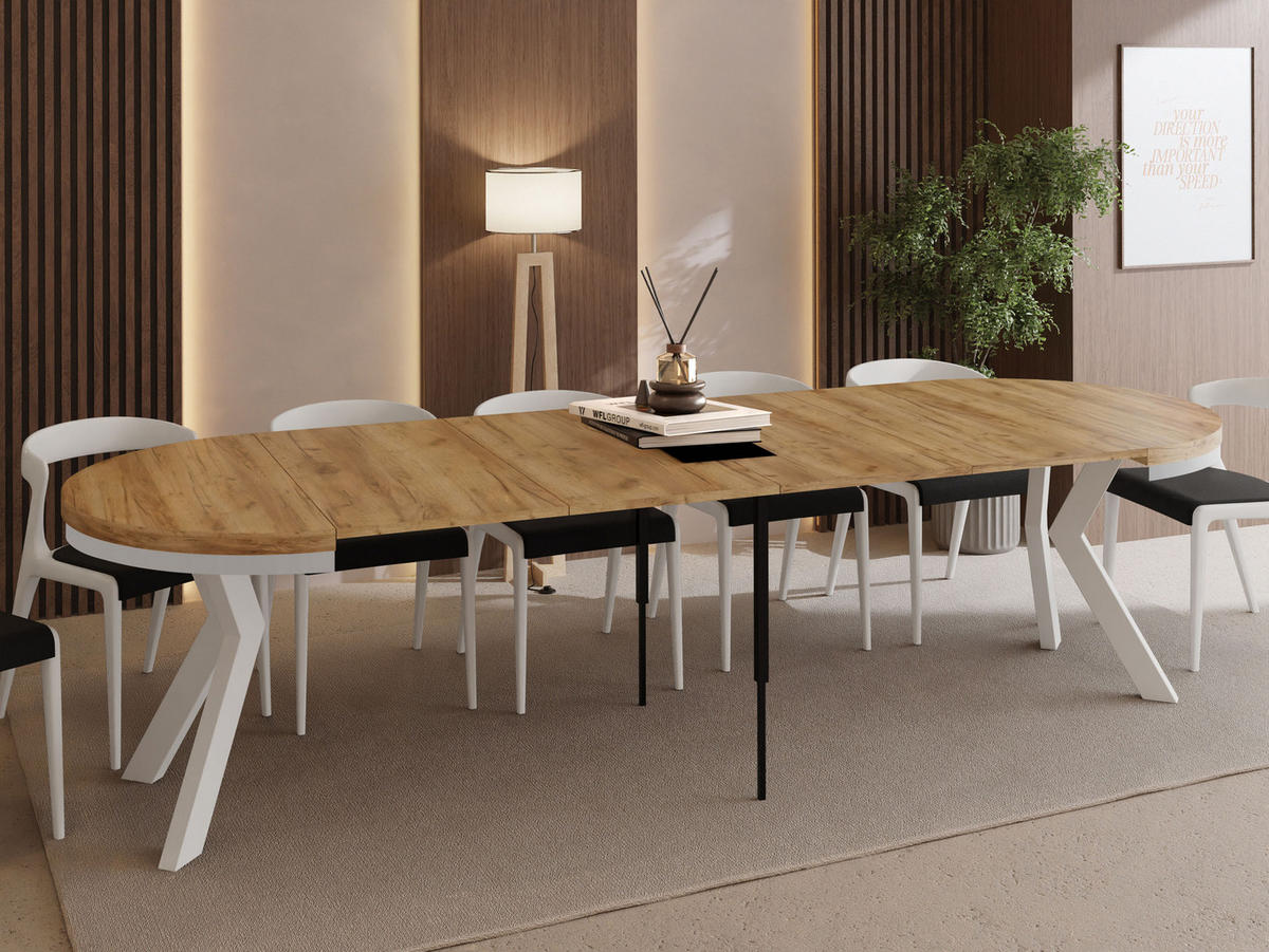 ESSTISCH Savio Weiß Neo rund ausziehbar verlängerbar XXL, Eiche Braun 100-300/100/77 cm - Eiche Wotan/Weiß, Holz/Holzwerkstoff (100/100/77cm) - WFL GROUP