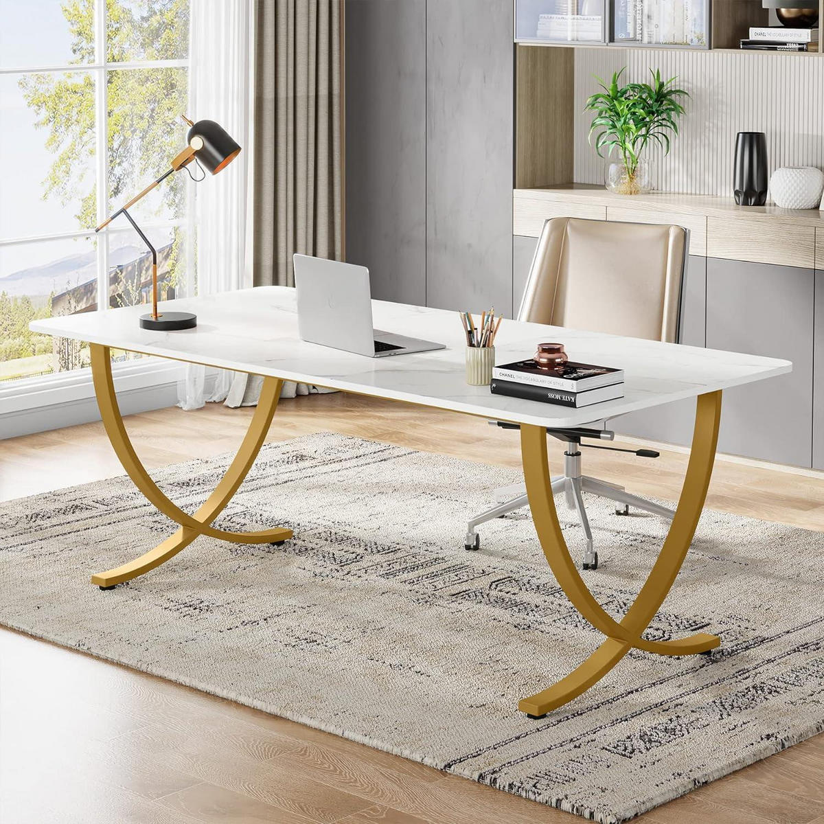 SCHREIBTISCH Computertisch 160 x 80 cm Kunstmarmor Weiß Gold - Multicolor, Stein (80/160/75cm)