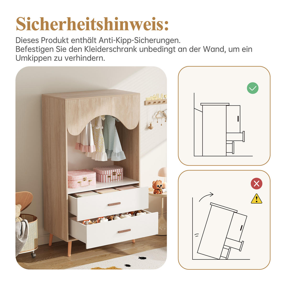KINDERREGAL in Weiß und Naturfarben Kleiderschrank mit Kleiderstange und Schubladen für Kinderzimmer, B80/T46/H141.5cm - Naturfarben/Weiß, Holz/Holzwerkstoff (80/141.5/46cm) - STILVORA