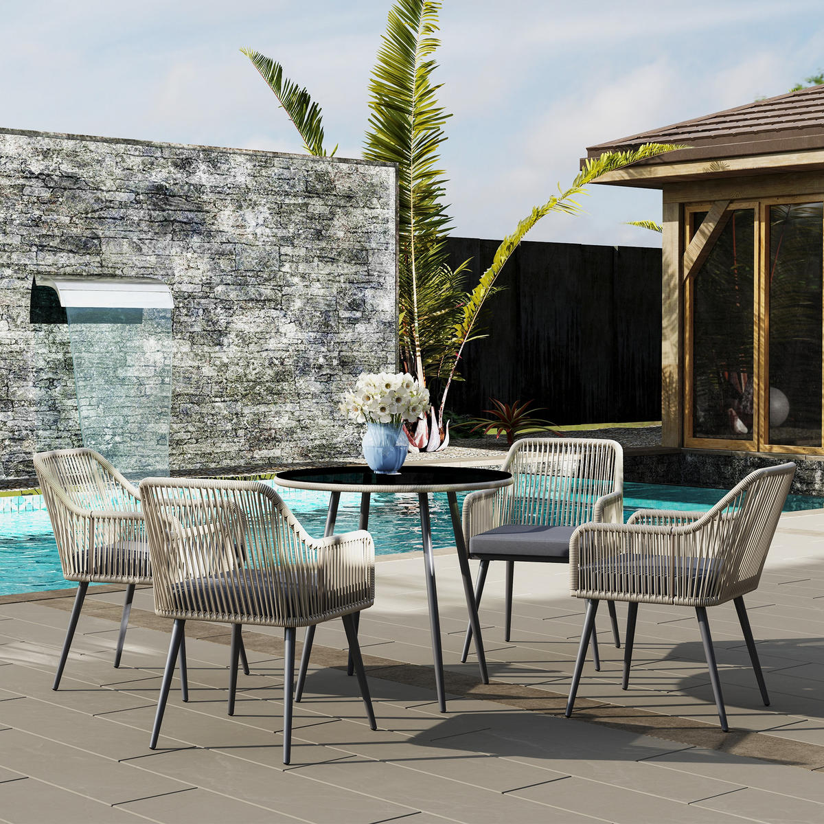 GARTENSET DE-13607 5-teilig mit Glastisch & Kissen Braun - Braun, Metall - ComfortXL