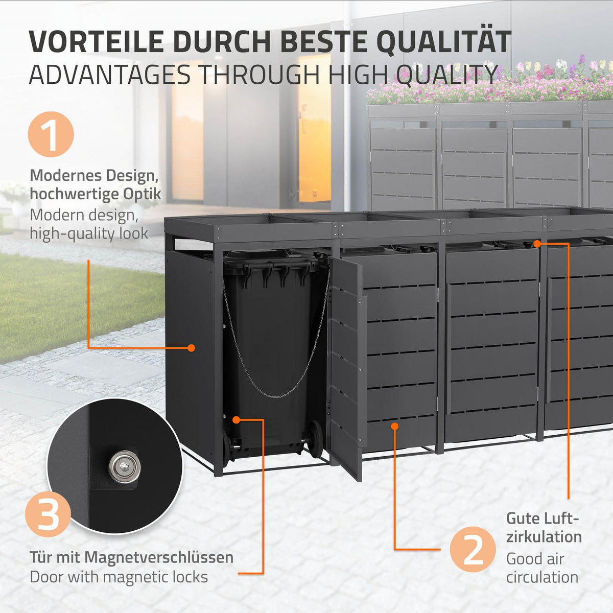 MÜLLTONNENBOX 4er mit Pflanzdach 240L 260x80x124 cm Anthrazit aus Stahl - Anthrazit, Metall (80/124/260cm) - ML-DESIGN